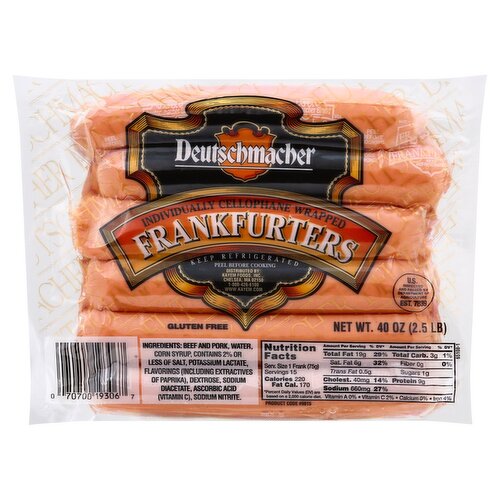 Deutschmacher Individually Cellophane Wrapped Frankfurters, 40 oz