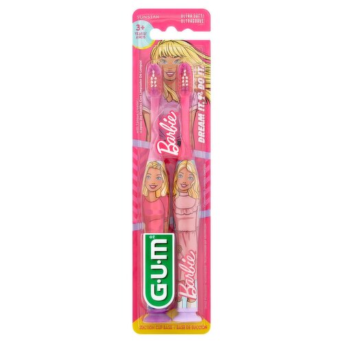 Sunstar G.U.M Barbie Suction Cup Base Ultra Soft Toothbrush, 3+ Years, 2 count