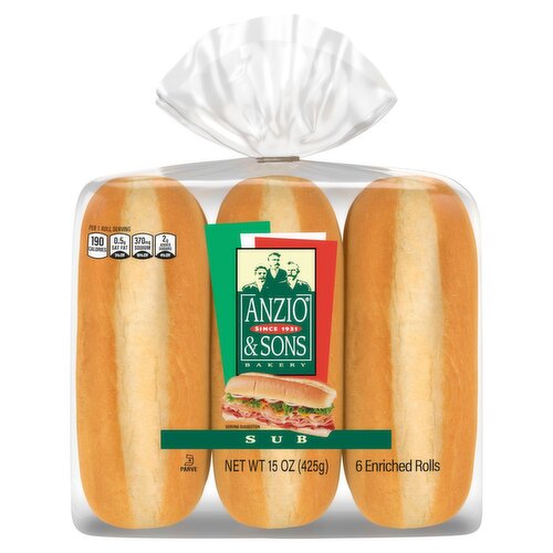 Anzio & Sons Bakery Sub Enriched Rolls, 6 count, 15 oz