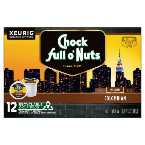 Chock full o'Nuts Colombian Medium Roast Arabica Coffee K-Cup Pods, 12 count, 3.47 oz