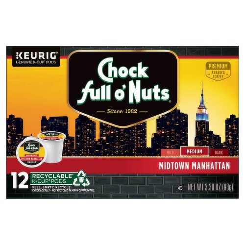 Chock full o'Nuts Midtown Manhattan Medium Roast Arabica Coffee K-Cup Pods, 12 count, 3.30 oz