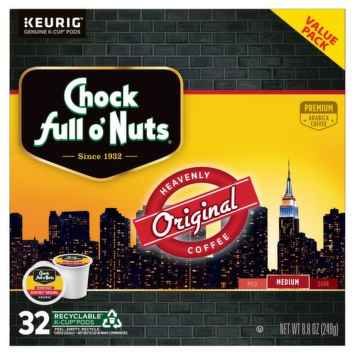 Chock full o'Nuts Heavenly Original Medium Roast Arabica Coffee K-Cup Pods, 32 count, 8.8 oz