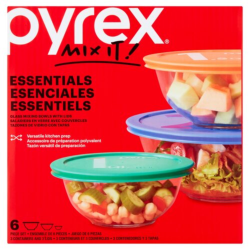 Pyrex Mix It! Essentials Glass Mixing Bowls with Lids, 6 piece set