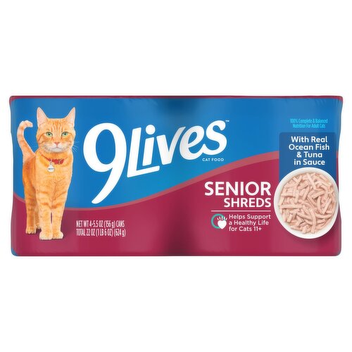9Lives Senior Shreds with Real Ocean Fish & Tuna in Sauce Cat Food, 5.5 oz, 4 count