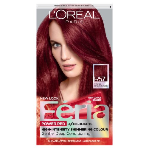 L'Oréal Paris Féria R57 Intense Medium Auburn Power Red Permanent Haircolour Gel, one application