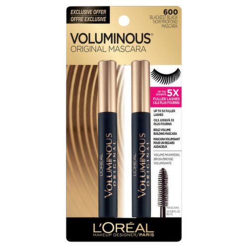 L'Oréal Paris Voluminous Original 600 Blackest Black Mascara, 0.28 fl oz, 2 count