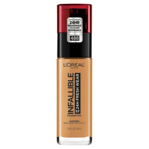 L'Oréal Paris Infallible 488 Caramel Broad Spectrum Foundation Sunscreen, SPF 25, 1.0 fl oz