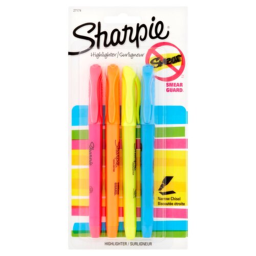 Sharpie Smear Guard Assorted Narrow Chisel Highlighter, 4 count