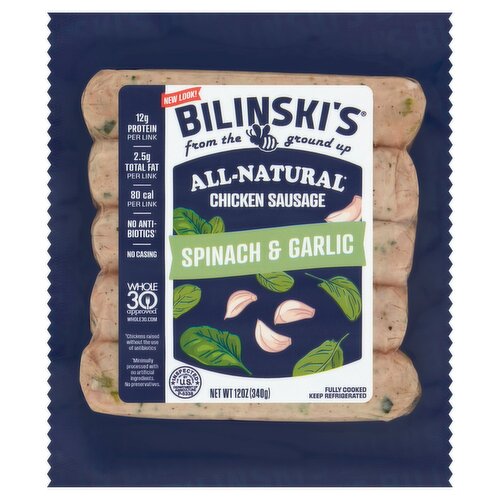 Bilinski's All-Natural Spinach & Garlic Chicken Sausage, 12 oz