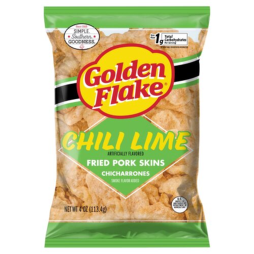 Golden Flake Chili Lime Chicharrones Fried Pork Skins, 4 oz