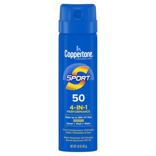 Coppertone Sport 4-in-1 Performance Broad Spectrum Sunscreen Spray, SPF 50, 1.6 oz 