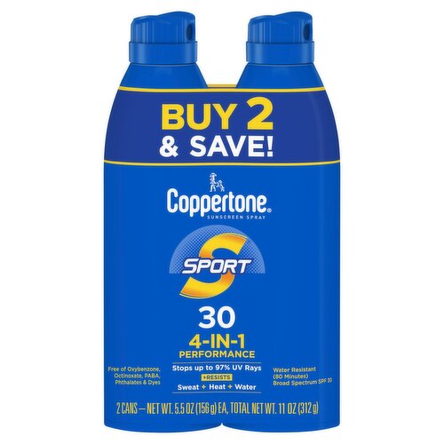 Coppertone Sport 4-in-1 Performance Broad Spectrum Sunscreen Spray, SPF 30, 5.5 oz, 2 count