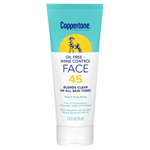 Coppertone Oil Free + Shine Control Face Broad Spectrum Sunscreen Lotion, SPF 45, 2.5 fl oz