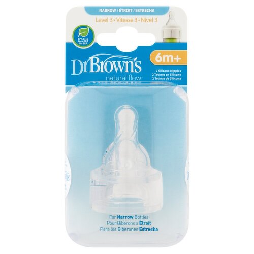 Dr. Brown's Natural Flow Narrow Silicone Nipples, Level 3, 6m+, 2 Count