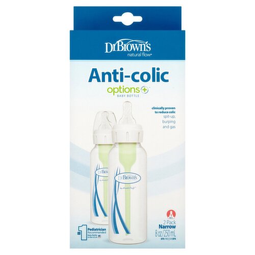 Dr Brown's Natural Flow Options+ 8 oz Narrow Anti-Colic Baby Bottle, Level 1, 1m+, 2 count