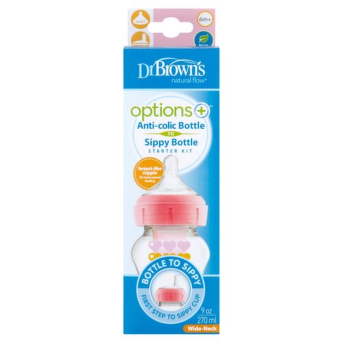 Dr Brown's Natural Flow Options+ 9 oz Wide-Neck Anti-Colic to Sippy Bottle Starter Kit, Level 3, 6m+