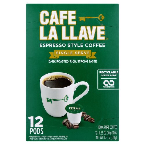 Cafe La Llave Espresso Style Coffee 100% Pure Coffee Single Serve Pods, 0.35 oz, 12 count