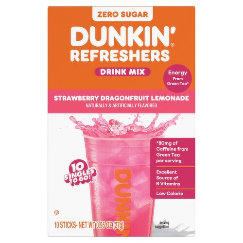 Dunkin' Refreshers Zero Sugar Strawberry Dragonfruit Lemonade Drink Mix, 10 count, 0.95 oz