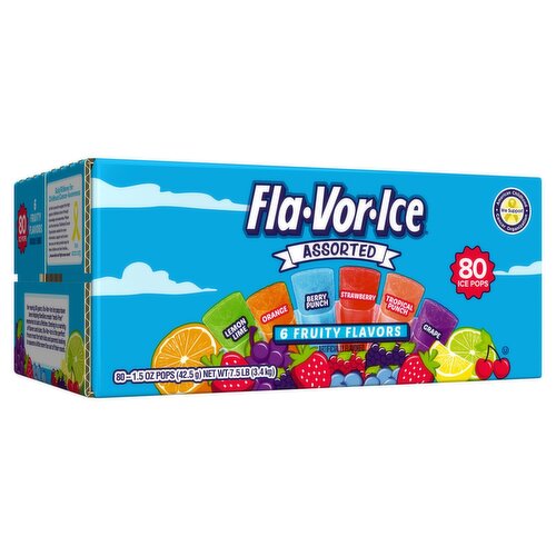 Fla-Vor-Ice Assorted 6 Fruity Flavors Ice Pops, 1.5 oz, 80 count