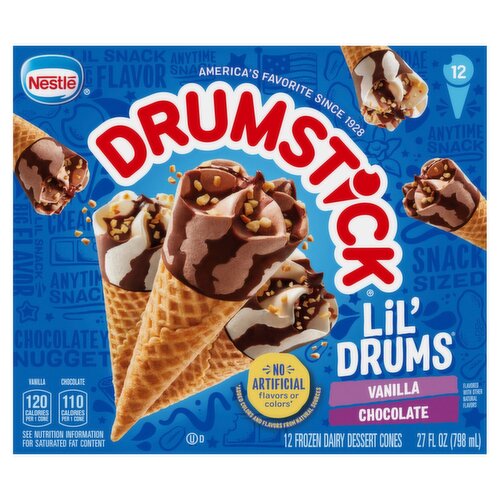 Nestlé Drumstick Lil' Drums Vanilla and Chocolate Frozen Dairy Dessert Cones, 12 count, 27 fl oz