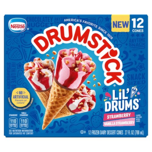 Nestle Drumstick Lil' Drums Vanilla Strawberry Frozen Dairy Dessert Cones, 12 count, 27 fl oz