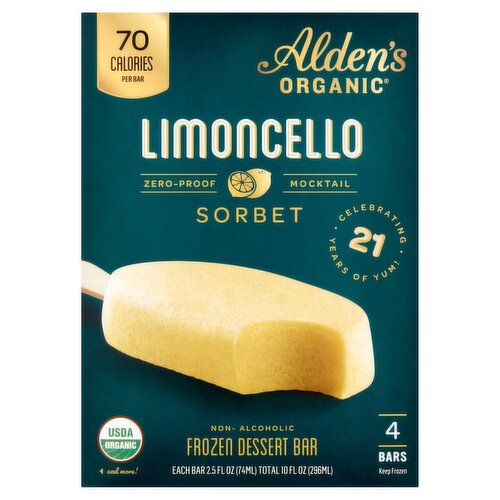 Alden's Organic Limoncello Sorbet Non-Alcoholic Frozen Dessert Bar, 2.5 fl oz, 4 count