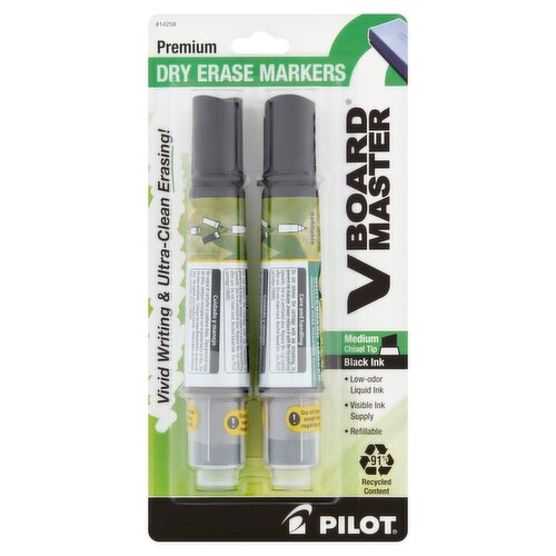 Pilot V Board Master Medium Chisel Tip Black Ink Premium Dry Erase Markers, 2 count