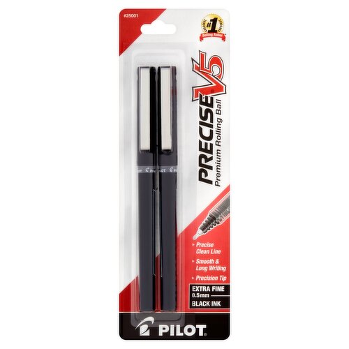 Pilot Precise V5 Extra Fine 0.5 mm Black Ink Premium Rolling Ball Pens, 2 count