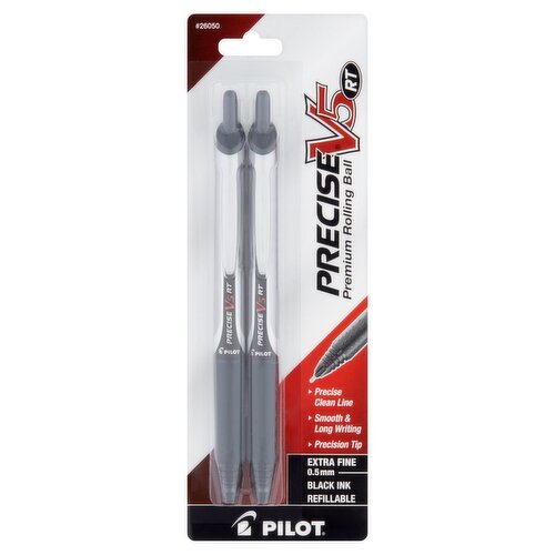 Pilot Precise V5 RT Extra Fine 0.5 mm Black Ink Refillable Premium Rolling Ball Pen, 2 count