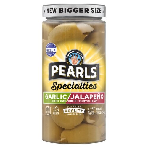 Musco Family Olive Co. Pearls Specialties Garlic/Jalapeño Double Hand-Stuffed Colossal Olives, 10 oz