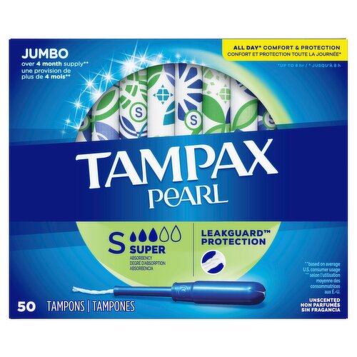 TAMPAX Pearl Super Absorbency Unscented Tampons, Jumbo, 50 count