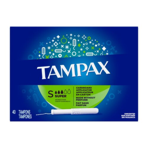 Tampax Cardboard Tampons Super Absorbency, Anti-Slip Grip, LeakGuard Skirt, Unscented, 40 Count