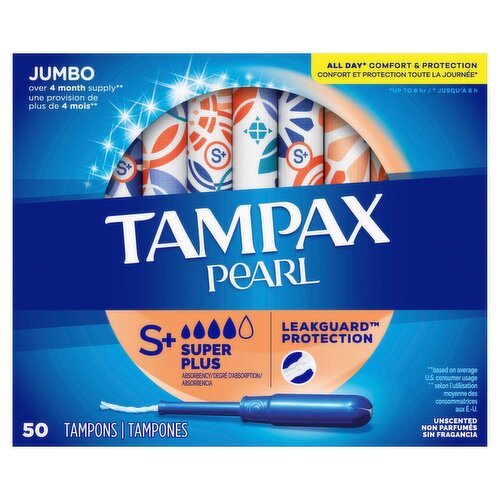 Tampax Pearl Tampons, with LeakGuard Braid, Super Plus Absorbency, Unscented, 50 Count