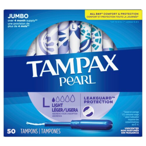 Tampax Pearl Tampons, with LeakGuard Braid, Light Absorbency, Unscented, 50 Count