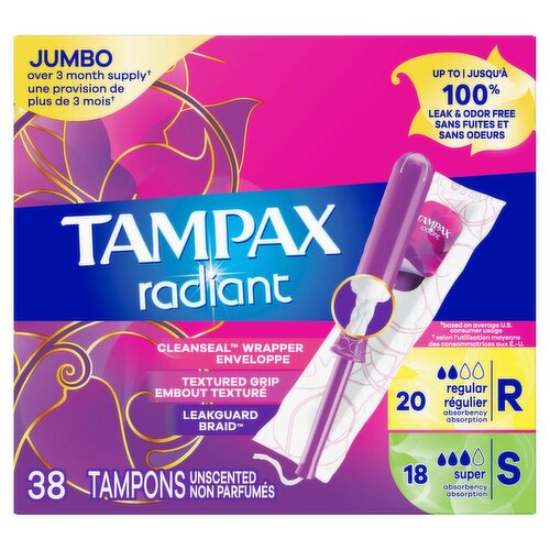 Tampax Radiant Tampons Multipack, with LeakGuard Braid, Regular/Super Absorbency, Unscented, 38 Cou