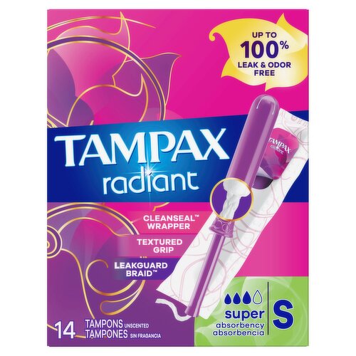 Tampax Radiant Tampons, with LeakGuard Braid, Super Absorbency, Unscented, 14 Count