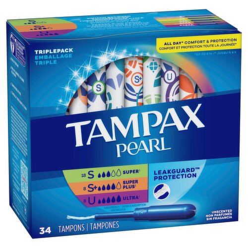 Tampax Pearl Tampons Multipack, with LeakGuard Braid, Super/Super Plus/Ultra Absorbency, Unscented,