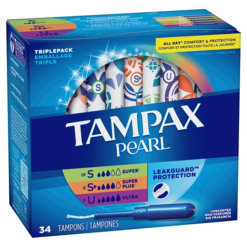 TAMPAX PEARL Super, Super Plus and Ultra Absorbency Unscented Tampons Triplepack, 34 count