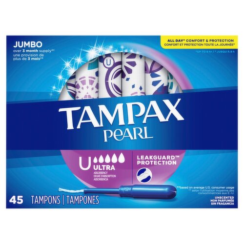 Tampax Pearl Tampons, with LeakGuard Braid, Ultra Absorbency, Unscented, 45 Count