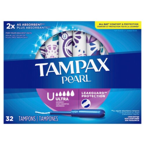 Tampax Pearl Tampons, with LeakGuard Braid, Ultra Absorbency, Unscented, 32 Count