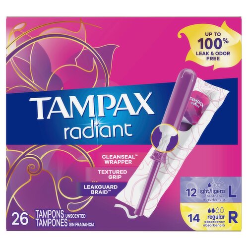 Tampax Radiant Tampons Multipack, with LeakGuard Braid, Light/Regular Absorbency, Unscented, 26 Cou