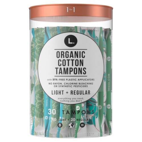 L. Light + Regular Unscented 100% Organic Cotton Core Tampons, 30 count