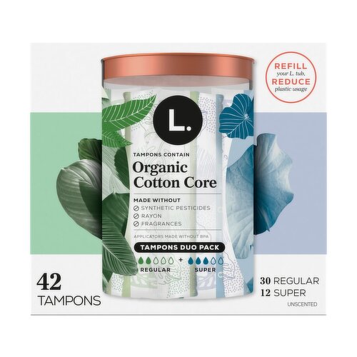 L. Tampons, Made with Organic Cotton, Regular/Super Absorbency, Multipack, 42 CT