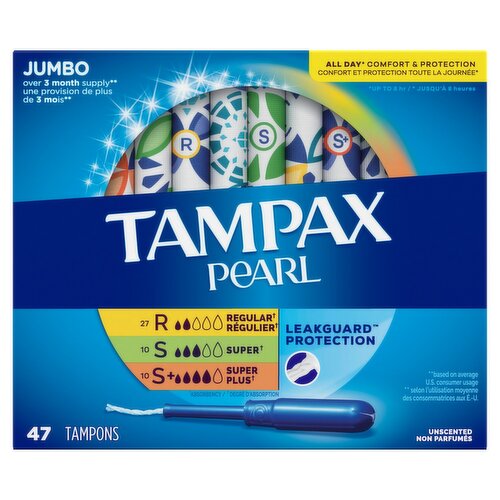 Tampax Pearl Unscented Tampons, 47 count