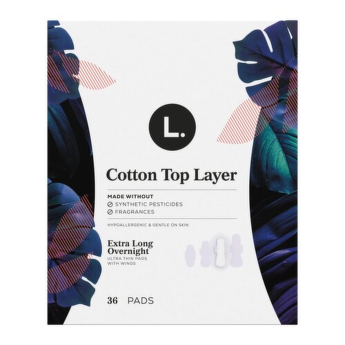 L. Ultra Thin Pads for Women, Organic Cotton Top Layer, Overnight Absorbency, Menstrual Pads with W