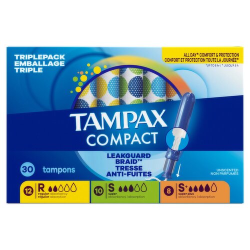 Tampax Compact Leakguard Braid Tresse Anti-Fuites Unscented Tampons Triple Pack, 30 count