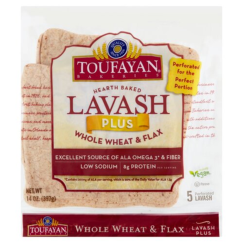 Toufayan Bakeries Whole Wheat & Flax Hearth Baked Lavash Plus , 14 oz, 5 count