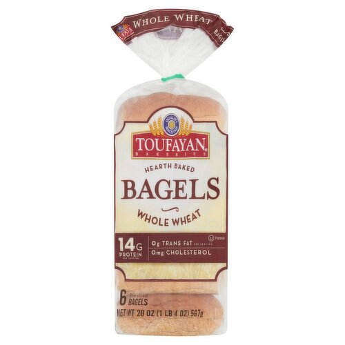 Toufayan Bakeries Hearth Baked Whole Wheat Bagels, 6 count, 20 oz