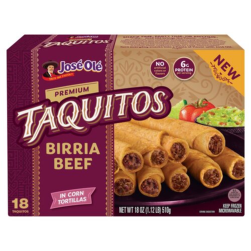 José Olé Premium Birria Beef in Corn Tortillas Taquitos, 18 count, 18 oz