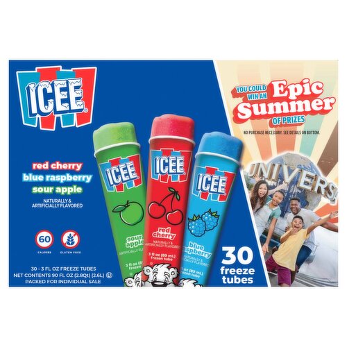Icee Red Cherry, Blue Raspberry & Sour Apple Freeze Tubes, 3 fl oz, 30 count